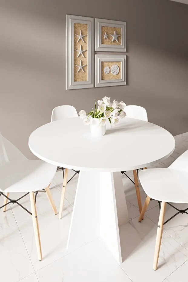 Modern Yuvarlak 90cm Yemek Masası-Mutfak Masası Mat Beyaz 